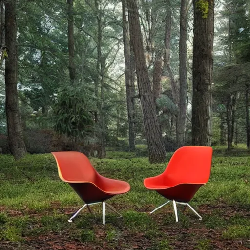 Image similar to a chair designed for sitting in the forest alone inspired by Dr seuss and Charles and Ray eames