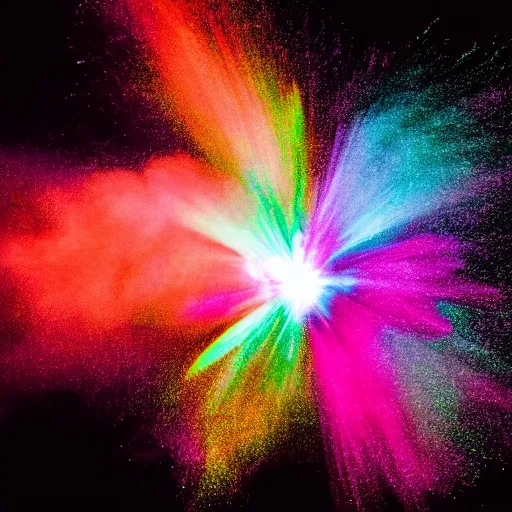 Image similar to A centered explosion of colorful powder on a black background