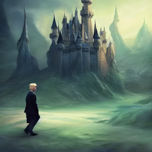 Prompt: Donald trump walking, perfect fces. | background = fantasy art landscape, fantasy city, fantasy kunst, fantasy castle, fantasy house, architecture mystery, artstation, house illustration