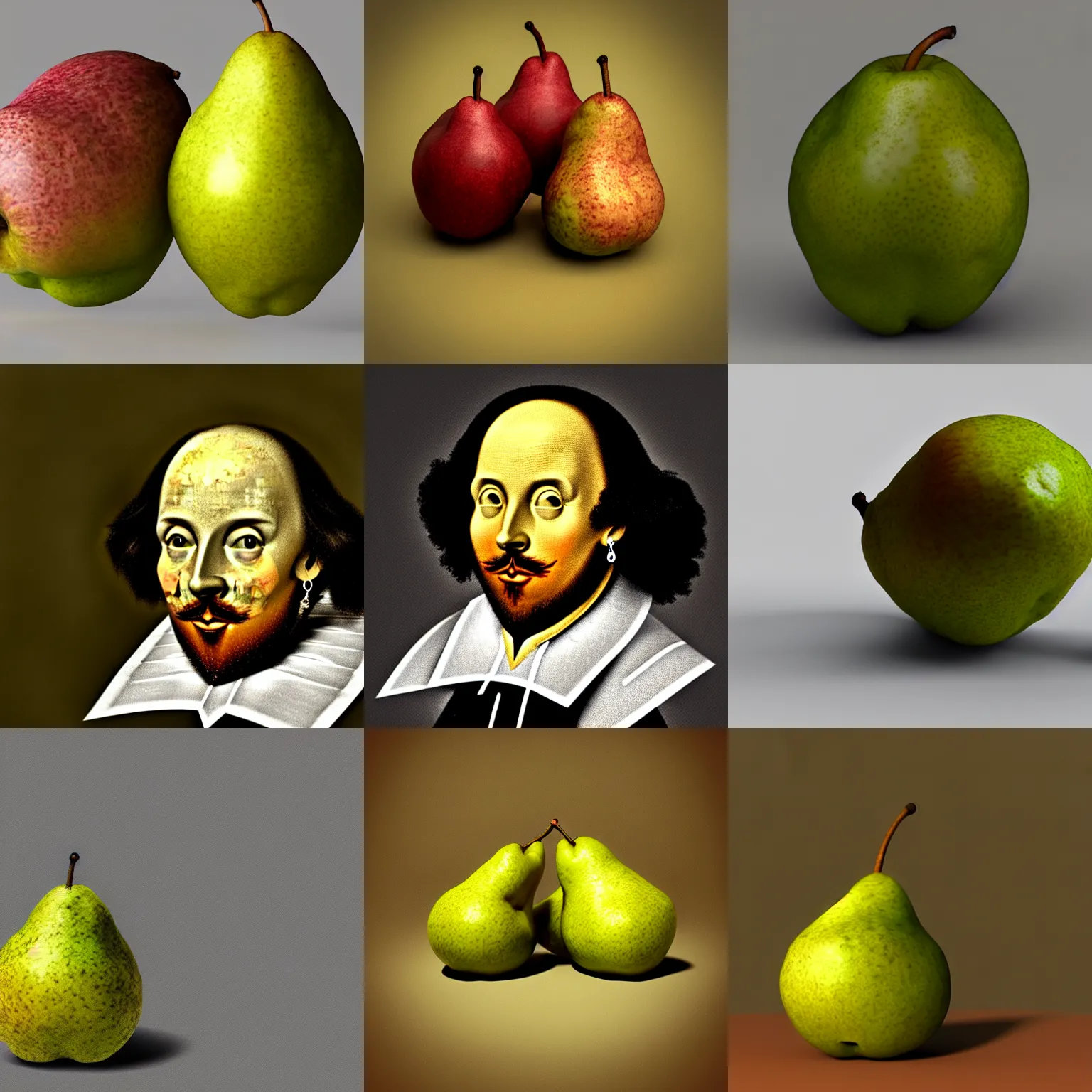 Prompt: william shakespeare!!! and pear fruit hybrid, 4 k, octane render