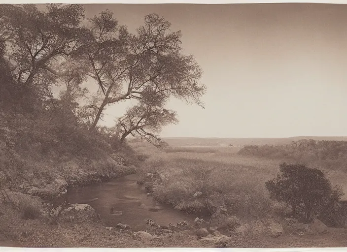 Image similar to Overlook of a river and chaparrals with sparse catci, albumen silver print by Timothy H. O'Sullivan.