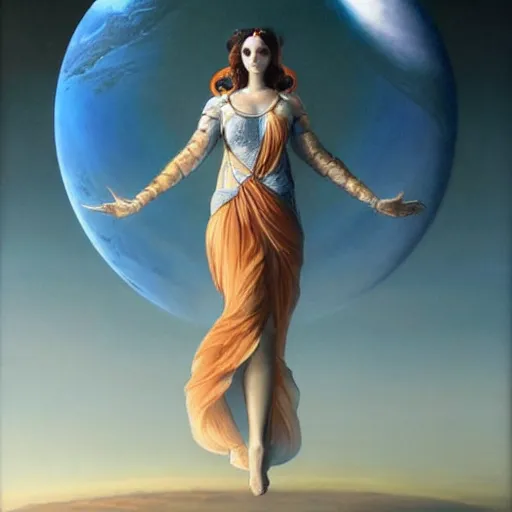 Image similar to full body portrait of beautiful goddess of mars theme inspired wearing blue and white carved details moving dress, she is floating in the air, planet mars in the background, open sky, mystical, orange fog, circle forms, iper realistic, cinematic light, paint on canvas, art by tom bagshaw - - height 7 0 4