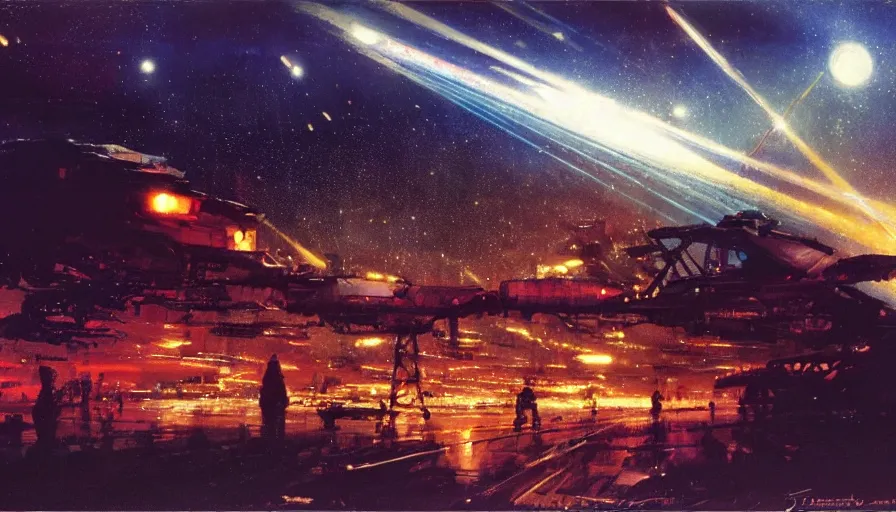 Prompt: c - beams glittering in the dark near the tannhauser gate by john harris and john berkey, matte, masterpiece, atmospheric, wide angle shot