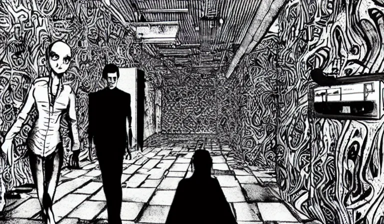 Image similar to First-person horror game, PC game with UI, by Junji Ito