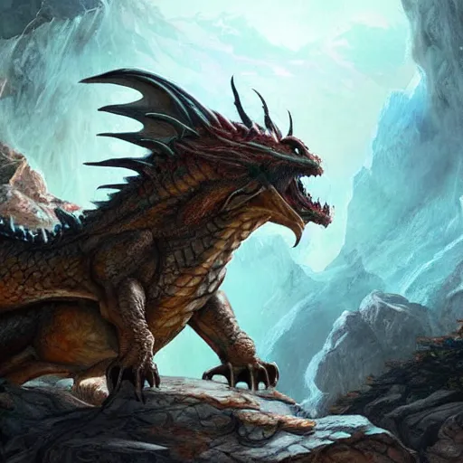 Prompt: a fierce dragon guarding a cave, mountain, fantasy art, realistic, highly detailed, dramatic lighting