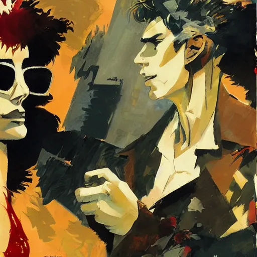 Image similar to corto maltese dreaming about valparaiso and tango, oil on canvas by dave mckean and yoji shinkawa