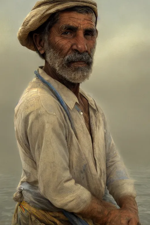 Prompt: mesopotamian fisherman, close-up portrait, poor, intricate, elegant, volumetric lighting, scenery, digital painting, highly detailed, artstation, sharp focus, illustration, concept art, ruan jia, steve mccurry and Irakli Nadar