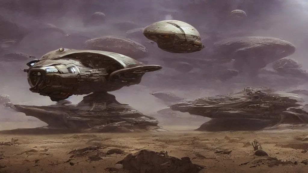 Image similar to small organic dropship lander design by john schoenherr and glenn barr, epic cinematic matte painting