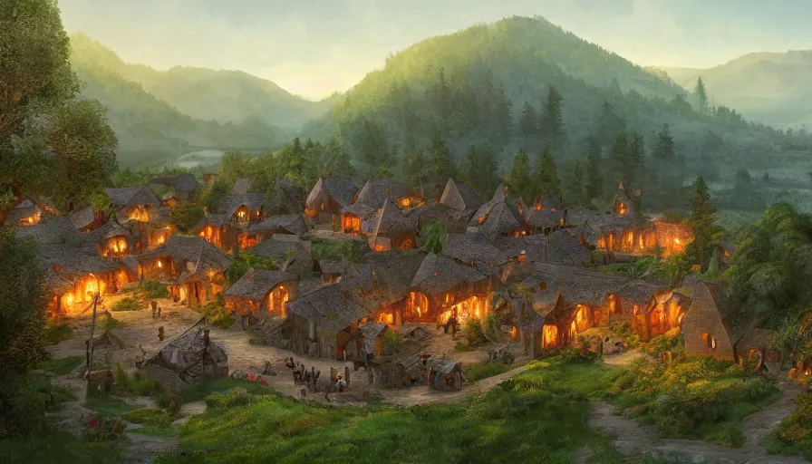 Image similar to medieval village built at the foot of humongous green mountains with forest and lake, fireplace, crowded paths, sunrise, hyperdetailed, artstation, cgsociety, 8 k