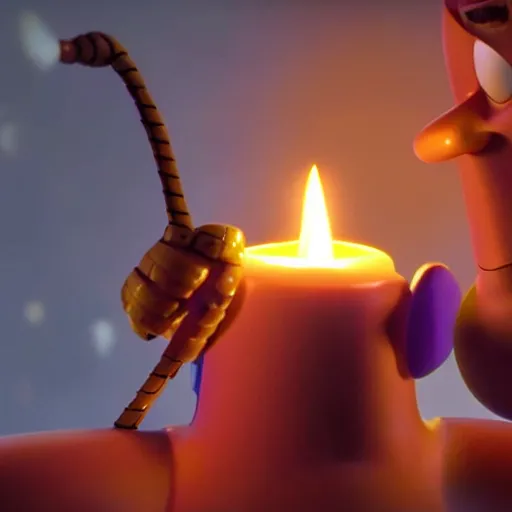 Image similar to close up of woody from toy story melting buzz light year over a candle, cinematographic shot, cartoon