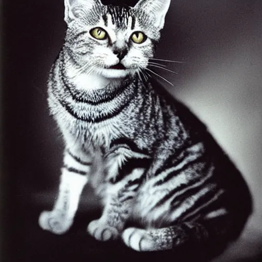 Image similar to vampire tabby cat “ irving penn ” portrait