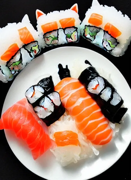 Image similar to clear photorealistic picture of adorable cats made out of sushi. some cats eating the sushi