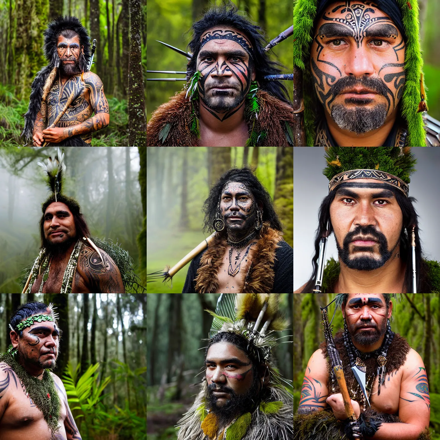 Prompt: Portrait of male Māori warrior holding a spear in damp cold mossy misty New Zealand forest, Moko traditional face tattoo, staring at you, wearing greenstone jewellery and a feather cloak, 100 mm lens