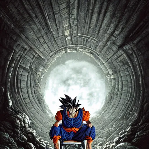 Image similar to Photorealistic goku sitting in a wheelchair in the style of Michael Whelan and Gustave Dore. Hyperdetailed photorealism, 108 megapixels, amazing depth, glowing rich colors, powerful imagery, psychedelic Overtones, 3D finalrender, 3d shading, cinematic lighting, artstation concept art