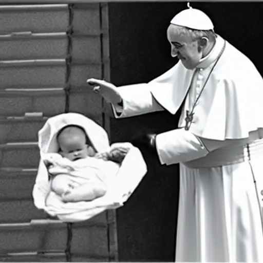 Image similar to the pope caught stealing a baby in cctv security footage black and white