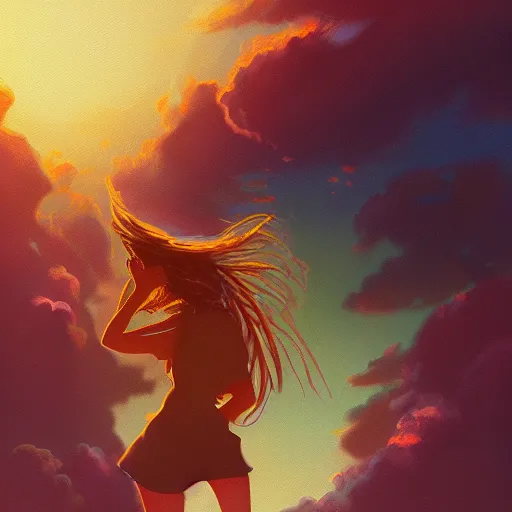 Prompt: a girl reading a book, her hair flowing down, surreal photography, sunrise dramatic light, impressionist painting, colorful clouds, large sky, digital painting, artstation, simon stalenhag, flower face