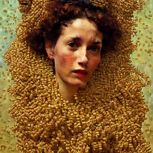 Image similar to a sculpture portrait made of bees and honey and flowers and plants, painting part by wojciech siudmak, part by ilya repin, part by max ernst, part by norman rockwell, artstation