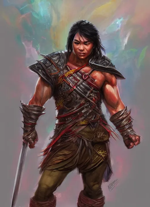 Prompt: muscly asian man with medium black parted hair, dndbeyond, bright, colourful, realistic, dnd character portrait, full body, pathfinder, pinterest, art by ralph horsley, dnd, rpg, lotr game design fanart by concept art, behance hd, artstation, deviantart, hdr render in unreal engine 5