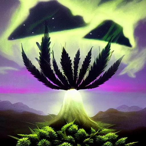 Image similar to a huge cannabis plant in a dark fantasy landscape. bioluminescence. godrays. volumetric light. acryl painting. trending on artstation.