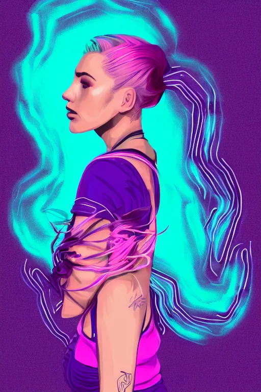 Image similar to a award winning half body portrait of a beautiful woman in a croptop and cargo pants with ombre purple pink teal hairstyle surrounded by whirling illuminated lines, outrun, vaporware, shaded flat illustration, digital art, trending on artstation, highly detailed, fine detail, intricate