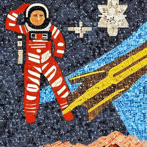 Image similar to soviet mosaic of an cosmonaut exploring deep space, on a giant wall of an apartment building, socialist, propaganda