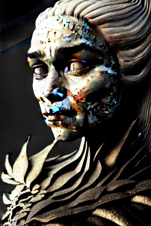 Image similar to bw contrasted close - up profile face, black background, daenerys targaryen - dragon - cyborg - female, 1 5 0 mm, beautiful natural soft rim light, silver gold details, magnolia leaves and stems, roots, mandelbot fractal, elegant, ultra detailed, white metallic armour, octane render, h. r. giger style