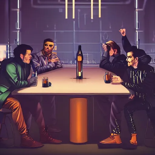 Prompt: detailed digital art of five male artists talking intelligently in a futuristic cyberpunk cafe while drinking beer in style of caravaggio, chiaroscuro, hieronymus bosch, tenebrism, blade runner, muted colors, 4 k