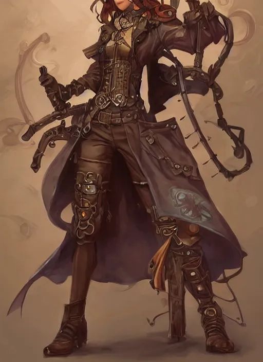 Prompt: character concept art for a steampunk fantasy rpg, full body, fantasy painterly style, artwork by ross tran, artgerm