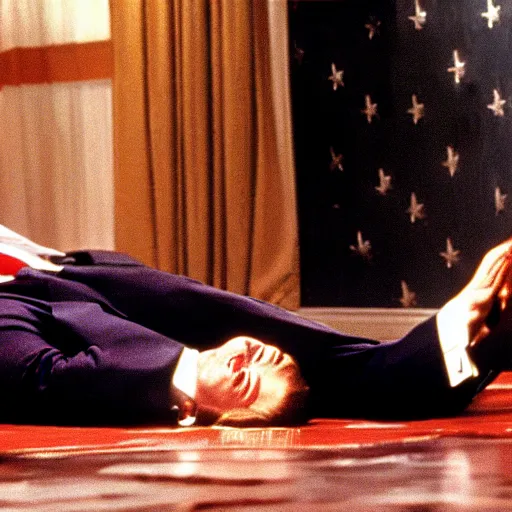 Image similar to Donald Trump laying dead on the floor in American Psycho (1999)