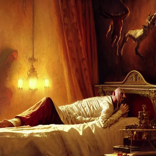 Image similar to the catholic pope in his bed, scared, because a horned demon is attacking him. highly detailed painting by gaston bussiere, greg rutkowski, craig mullins 8 k