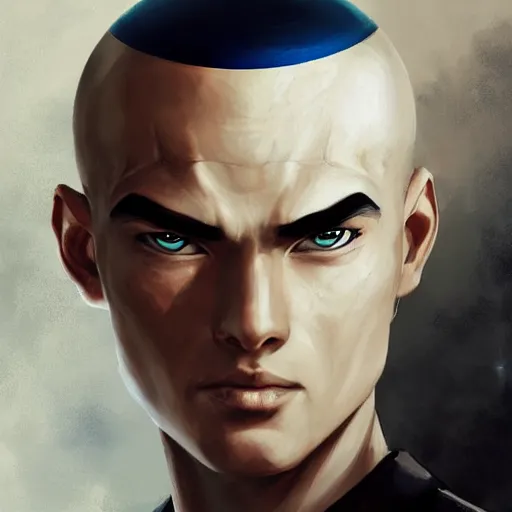 Prompt: Portrait of Aang,blue arrow paint going down his head, by Charlie Bowater