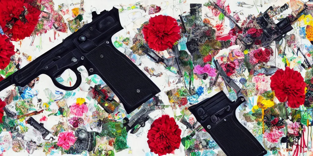 Prompt: guns and flowers, collage, acrylic on canvas, expressionism movement, ultra realistic, smooth shading, ultra detailed, high resolution, cinematic, unreal 6, breathtaking detailed, by blake neubert