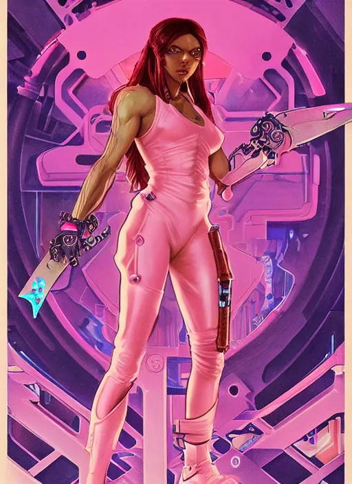 Prompt: beautiful cyberpunk female athlete in pink jumpsuit. lady with blades in arms. ad for cybernetic blade arms. cyberpunk poster by james gurney, azamat khairov, and alphonso mucha. artstationhq. gorgeous face. painting with vivid color, cell shading. ( rb 6 s, cyberpunk 2 0 7 7 )