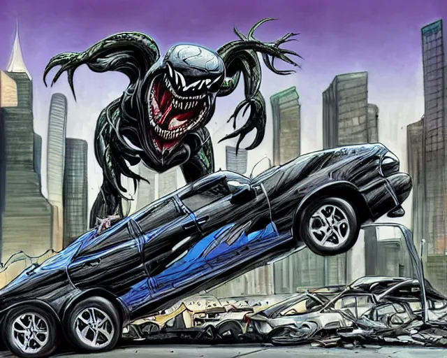 Image similar to Venom standing on top of a wrecked car in the city, open arms art by Gerardo Sandoval, Ultra detailed, hyper realistic,