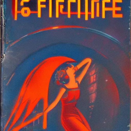 Prompt: vintage sci-fi book cover, high detail, damsel in distress, warm azure tones, red color bleed, film grain