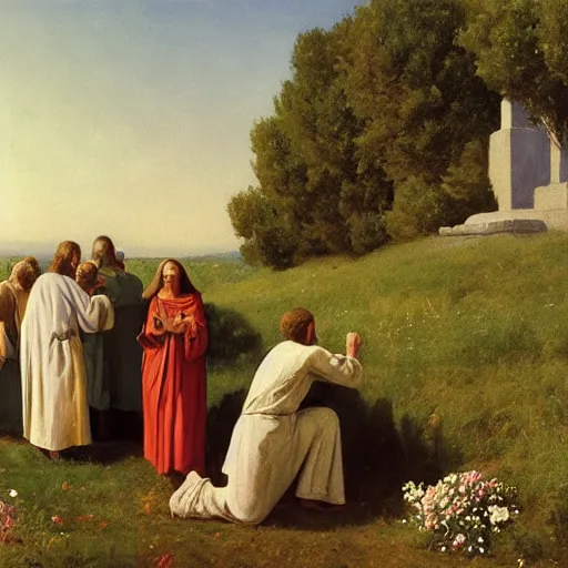 Prompt: A painting depicting the resurrection of Jesus Christ, (Jean Jules Linden), Peter Ilsted, (((flowers))), ((monolith))