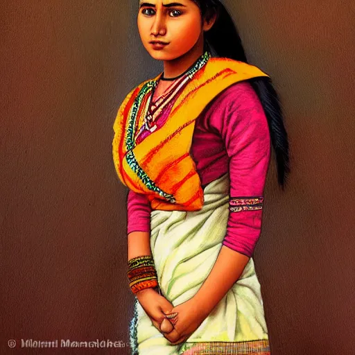 Prompt: Portrait of a beautiful teen Assamese girl wearing bihu Assam traditional dress mekhela, art by mark brooks