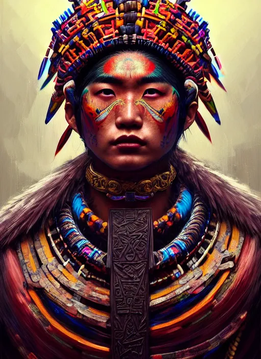 Prompt: portrait of yang yang, hyper detailed ultra sharp aztec shaman warrior. trending on artstation, warpaint aesthetic, bloodwave, colorful, psychedelic, ornate, intricate, digital painting, concept art, smooth, sharp focus, illustration, art by artgerm and greg rutkowski and h. r. giger, 8 k