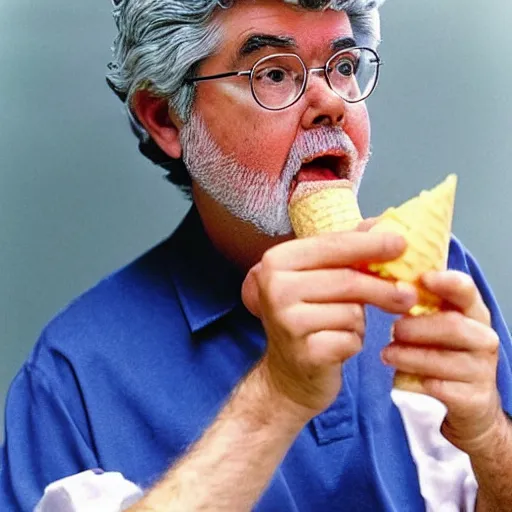 Image similar to george lucas eating a cone of cheese flavored ice cream