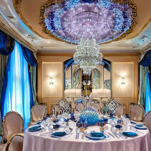 Prompt: a beautiful and elegant room designed with a combination of baroque and nanotechnology styles, large blue gem centerpiece, high tech features, complimentary colors