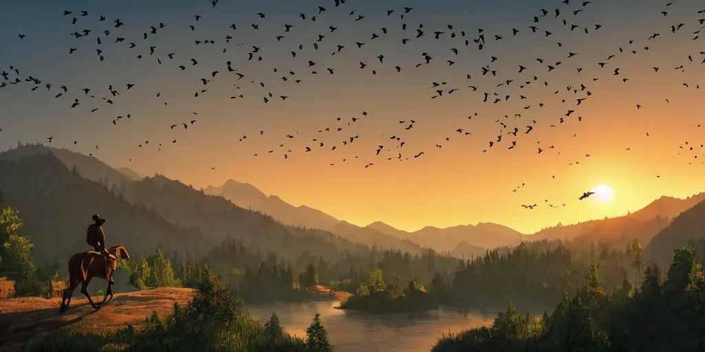 Image similar to A majestic landscape featuring a river, mountains and a forest. A group of birds is flying in the sky. There is man on a horse They are both staring at the sunset. Cinematic, very beautiful, painting in the style of firewatch