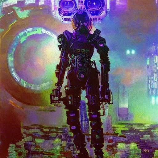 Prompt: psychic warfare, technopunk, cyberpunk, vaporwave, painting by monet