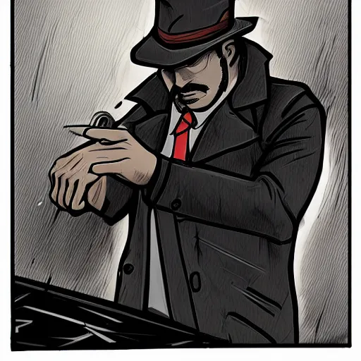 Image similar to a haggard detective in a trenchcoat scanning a crimescene, sketchy artstyle, digital art, dramatic, comic artstyle, cinematic