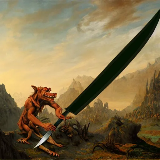 Prompt: matte painting, realistic art, dog - faced muscular goblin, ugly face, lizard tail, holding scimitar made of bone, scimitar, sword, jagged sword, curved sword, orkish sword, colorized, green skin, red sky, wasteland, hyper - detailed, primeval fantasy, prehistoric fantasy, art by jacques - louis david