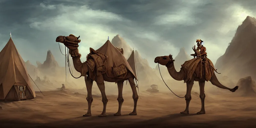 Image similar to a camel - like anthropomorphic merchant trader in a tent, chrome mechas, matte oil painting, retrofuturistic, concept art, science fantasy, mutant, lgbt, queer, rpg, epic, rusted, white salt, badlands, jungles, dungeons & dragons, sacred, sharp focus, award - winning, extremely detailed, 4 k, 8 k
