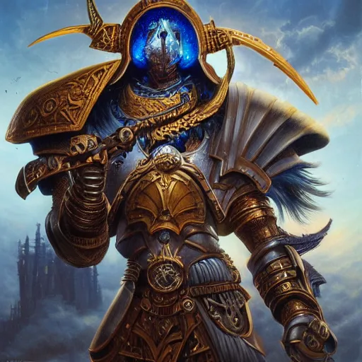 Prompt: horus from warhammer fantasy character portrait, ultra realistic, wide angle, intricate details, mass effect, artifacts, luminous skies, highly detailed, michael cheval, peter mohrbacher, boris vallejo, jessica rossier, oil painting, highly detailed, cinematic lighting, unreal, natural tpose