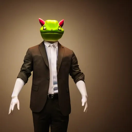 Image similar to 4 k photography, full view, bulbasaur inspired men's suit, put on a mannequin, wide shot, epic, cinematic lighting, beautiful composition, cinematic