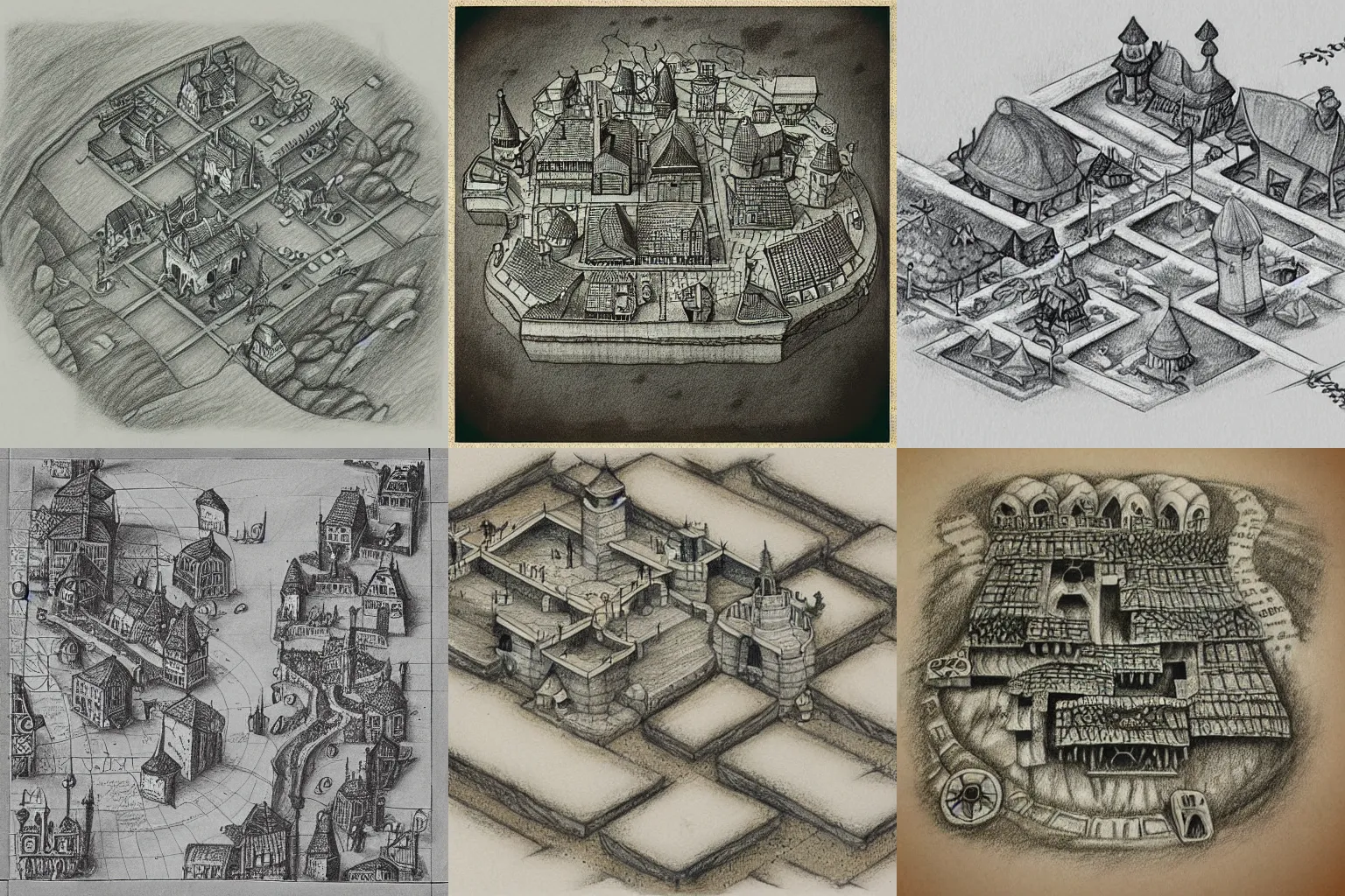 Prompt: “old pencil drawing of isometric map of fantasy village, on parchment”