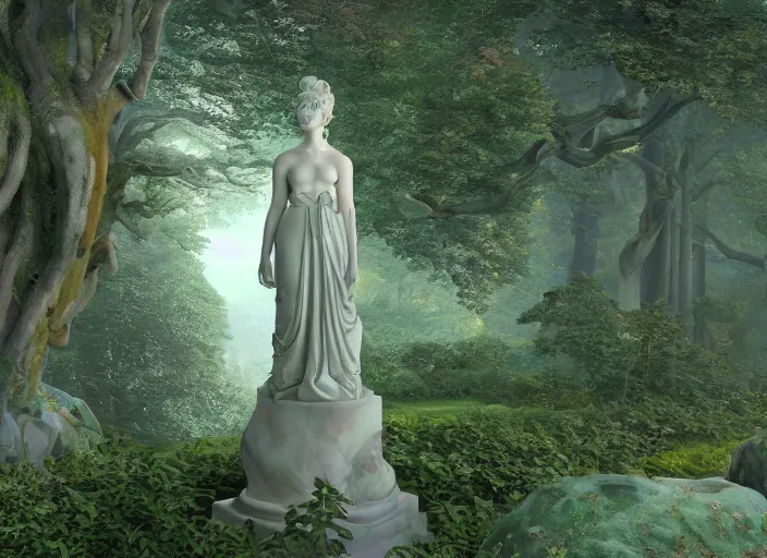 Image similar to a portrait of idealistic marble statue with fractal flowery hair and fair porcelain face and green eyes, in a magical forest, painted in watercolour by, mc escher, gordon onslow ford, georgia o'keeffe and ivan aivazovsky, cinematic light, god rays, colourful, unreal engine, zbrush central,