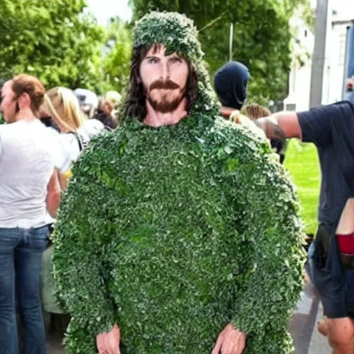 Prompt: christian bale wearing a kale costume